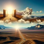 Create a high definition realistic image of Quantum Leap, a significant action or event, occurring in the arid landscape of New Mexico, USA. Feature expansive deserts, mesas, and expansive blue skies. Within the scene, also portray the symbols of opportunity such as open doors or sunlight breaking through clouds that suggest the idea of the state seizing an opportunity.
