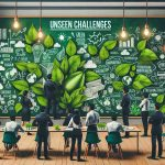 Create a high-definition, realistic image illustrating the unseen challenges that Indian startups might face in the context of green innovation. Show a group of South Asian entrepreneurs in a brainstorming session, standing in front of a chalkboard filled with ideas, potential obstacles, and solutions. To embody the innovative environment, have them set in a modern startup office with green plants around, reflecting the green innovation theme.