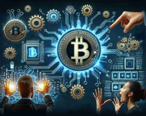 Create a realistic, high-definition image of a striking digital progress epitomizing the concept of 'massive upgrade' that shocks investors. Additionally, pictorially represent a cryptocurrency platform's suspiciously promising potential, subtly hinting at Coinbase without directly referencing it. Include symbols of technology upgradation like gears, circuitry, etc., and expression of surprise on the investors' faces.