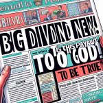 Illustration of a newspaper headline, with captivating bold text that reads: 'Big Dividend News! Is This Payout Too Good to Be True?'. The subheadings delve into details about the surprising financial situation. The newspaper is realistically designed, with other news snippets and photos surrounding the main article, providing a high-definition, detailed view of a daily financial news piece.