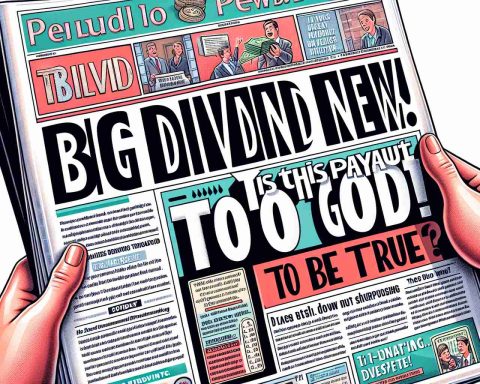 Illustration of a newspaper headline, with captivating bold text that reads: 'Big Dividend News! Is This Payout Too Good to Be True?'. The subheadings delve into details about the surprising financial situation. The newspaper is realistically designed, with other news snippets and photos surrounding the main article, providing a high-definition, detailed view of a daily financial news piece.