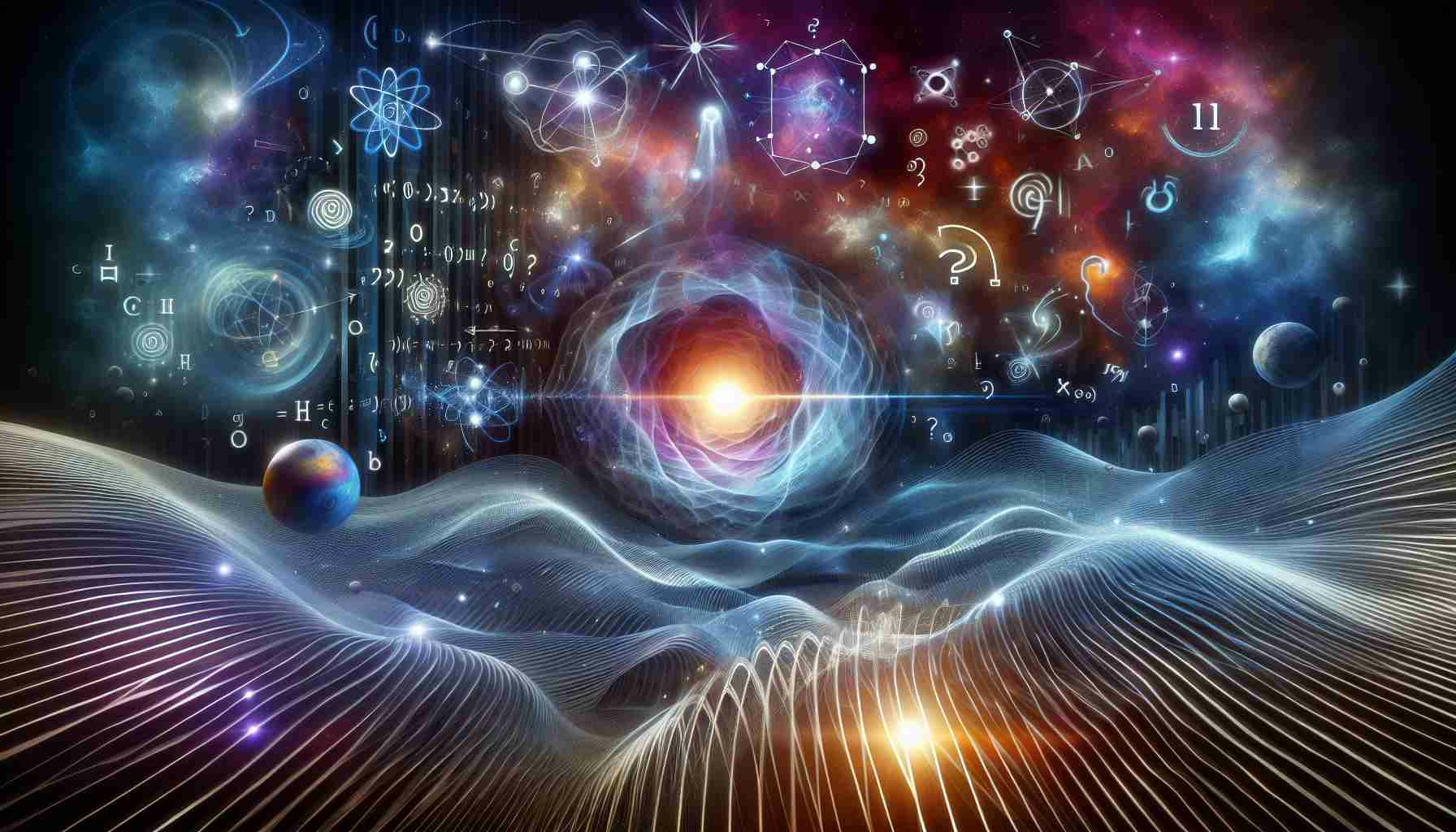 A high definition image illustrating the concept of a groundbreaking quantum discovery. The artwork captures the moment of revelation, with symbols depicting quantum principles, wave-particle duality, etc. In the background, multiple cosmos potentially representing parallel universes contrast with each other but blending harmoniously, possibly hinting at their intertwining nature. The image also includes a large, emphatic question mark, representing the mystery of whether parallel universes are real.