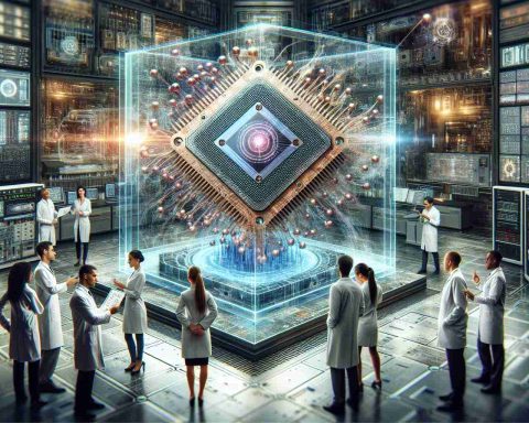 Create a realistic high-definition image showing the concept of a major breakthrough in quantum computing. Illustrate the environment as a high-tech laboratory with various sophisticated equipments. Center the image on a complex holographic projection of a quantum computer chip. Include people of diverse gender and descents, such as a Caucasian woman and a Black man, dressed in lab coats, analyzing and discussing the projection. The atmosphere should exude excitement and innovation, signifying a massive leap forward in technology.