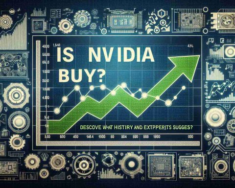 Generate a high-definition image of the words 'Is Nvidia Still a Buy? Discover What History and Experts Suggest' set against a backdrop related to financial markets and investment. It could include an upward trending line graph or bar chart representing stock market movements, along with symbols and icons related to computing and technology, such as a graphics card or a silicon chip.