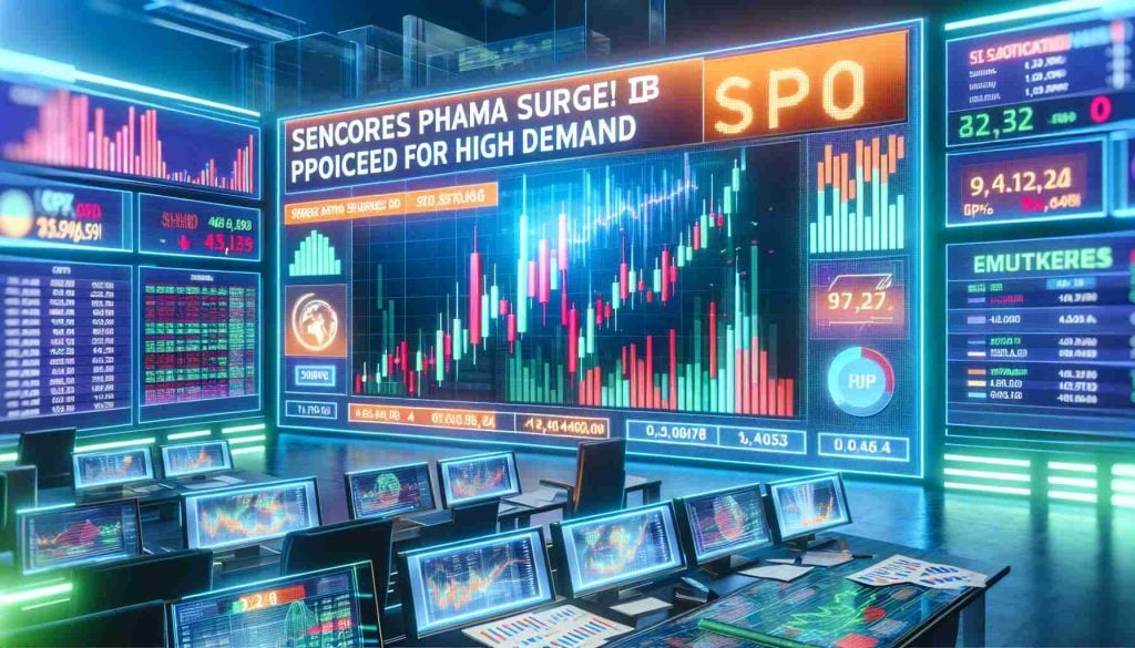 A realistic HD photo showcasing the headline 'Senores Pharma Shares Surge! IPO Poiced for High Demand' with graphic bars indicating the surge in stock prices on a digital display board. The colors are bright and contrasted, with a sense of urgency and excitement captured in the image. Elements such as graphs and tables scattered across the scene, displaying various financial data points related to the IPO. The environment is reminiscent of a bustling stock market or trading floor.