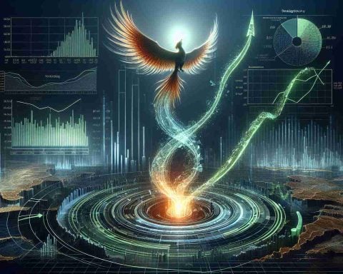 A detailed depiction rendered in HD realism showcasing the journey of a fictional tech company's stunning recovery. The artwork is a beautiful metaphor for a successful business comeback. A visual representation of the company's stock symbol ascends like a phoenix from the ashes, symbolizing a powerful revival. Charts and lines in green showcase increasing trends and positive growth, indicating a potentially profitable business investment. To the side, a caption reads, 'Is this the investment of the year?'