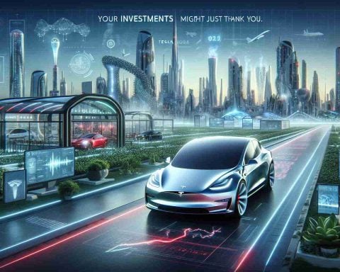 A high-definition, realistic illustration that explores the possible future of Tesla, represented as an advanced electric vehicle innovation. The scene features an aesthetically pleasing and technologically advanced Tesla car in a future environment, with a backdrop of high-tech facilities, eco-friendly structures and futuristic cityscape. A line of digital text nearby suggests the possibility of beneficial investments in this future scenario, saying, 'Your investments might just thank you.'