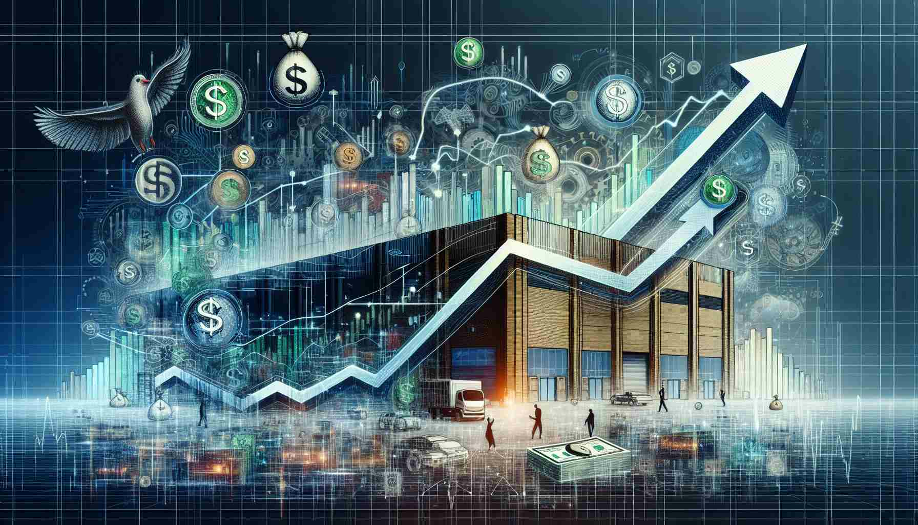 An intricate, high-definition illustration representing the narrative of a company's stock growth from $10 to a massive fortune. The image should encapsulate the journey of growth and prosperity through the use of financial symbols such as rising graphs, money bags, and dollar signs. A large corporate warehouse should be in the background that symbolizes a successful big-box store, with significant focus on the elements of abundance and prosperity. Selective use of colors to indicate a passage of time and an overall upward trend.