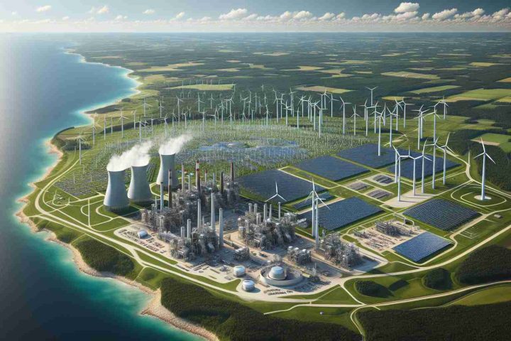 Realistic HD imagery of a massive green energy project located in Wisconsin. The picture should display a plentiful amount of sustainable energy sources like wind turbines, solar panels, and geothermal power plants showcasing the state's dedication to environmentally friendly power solutions.