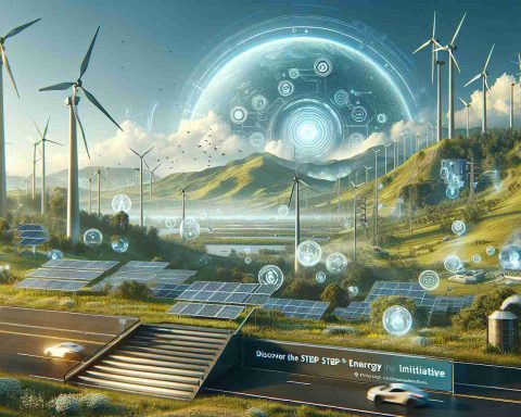 Realistically rendered high-definition concept art of the future evolution of energy costs. The scene showcases a serene landscape featuring renewable energy solutions such as wind turbines, solar panels, combined with futuristic technology. A banner in the foreground reads, 'Discover the Step Energy Initiative.' The background hints at a sustainable, green future - clear blue skies, lush greenery, and no visible pollution or waste. The image should represent the promise of lowering energy costs and the advancements in sustainable energy production.