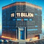 Create a detailed and vivid image representing the company named 'Databricks' in a conceptual way, symbolizing its valuation at $10 Billion. Illustrate this by using visual elements like a building made up of countless data blocks, with a large scoreboard displaying '10 Billion'. Despite the grandeur, hint a sense of mystery or delay towards moving public, represented by a large unopened door with the letters 'IPO' subtly inscribed on it.