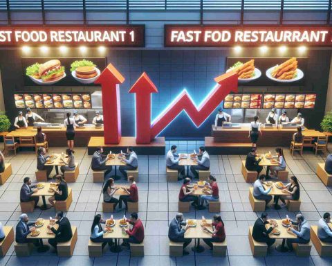 Visual interpretation in a high-definition realistic style showing the comparison between two bustling fast food restaurants with customers enjoying their meals and staff efficiently working behind the counters. The signs of the restaurants read 'Fast Food Restaurant 1' and 'Fast Food Restaurant 2'. The image composition suggests a rising trend of 'Fast Food Restaurant 2', implying its potential success.