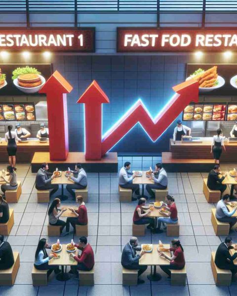 Visual interpretation in a high-definition realistic style showing the comparison between two bustling fast food restaurants with customers enjoying their meals and staff efficiently working behind the counters. The signs of the restaurants read 'Fast Food Restaurant 1' and 'Fast Food Restaurant 2'. The image composition suggests a rising trend of 'Fast Food Restaurant 2', implying its potential success.