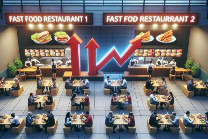 Visual interpretation in a high-definition realistic style showing the comparison between two bustling fast food restaurants with customers enjoying their meals and staff efficiently working behind the counters. The signs of the restaurants read 'Fast Food Restaurant 1' and 'Fast Food Restaurant 2'. The image composition suggests a rising trend of 'Fast Food Restaurant 2', implying its potential success.