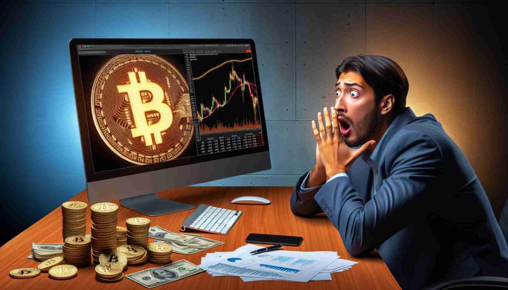 Realistic image of a financial scene illustrating the concept of investing in Bitcoin. There's a large screen in the background displaying the fluctuating bitcoin prices. On the forefront, a shocked expression on the face of a Hispanic male investor sitting by his computer as he observes the unexpected approach of this particular company to bitcoin investment.