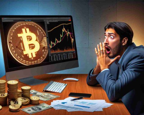 Realistic image of a financial scene illustrating the concept of investing in Bitcoin. There's a large screen in the background displaying the fluctuating bitcoin prices. On the forefront, a shocked expression on the face of a Hispanic male investor sitting by his computer as he observes the unexpected approach of this particular company to bitcoin investment.