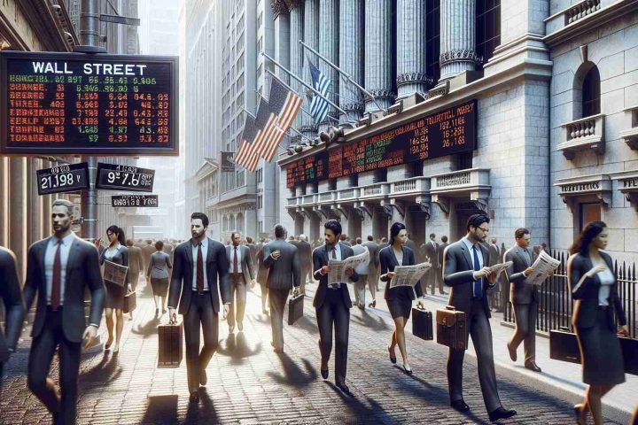 A realistic, high-definition image of Wall Street bustling with activity. The stock traders - a diverse group of people of different descents and genders including Caucasian women, Black men, Hispanic men, and Middle-Eastern women - move with urgency. The air creates a palpable tension as the street acknowledges political speculations and earnings reports. Newspaper stands display bold headlines about these latest developments, and electronic ticker displays scroll rapidly with the latest stock market figures.