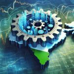 A high-definition digital illustration that metaphorically depicts unexpected changes in India's financial markets. The image could show a large gear (representing the market) positioned over an outline of the country, with waves or ripples spreading outwards from it. The gear should bear symbols of financial trade like stocks, bonds, and currency signs. The background could be a financial chart, denoting fluctuation and activity. The style should be realistic and introduce various hues of blue and green to symbolise growth and change.
