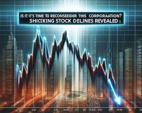 A high definition realistic image of a dramatic graph depicting a sharp decline of a generic stock, symbolizing an alarming drop. The graph is set against a background reminiscent of a bustling Stock Exchange. Overlaying the image is a headline in large, impactful font that reads: 'Is It Time to Reconsider This Corporation? Shocking Stock Declines Revealed.'