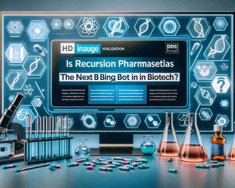 Create an HD image presenting a realistic visualization of 'Is Recursion Pharmaceuticals the Next Big Thing in Biotech?' This could be depicted as headlines on a digital screen with headlines or logos of Recursion Pharmaceuticals and symbols related to the biotech industry, including DNA strands, microscopes, pills, and lab equipment.