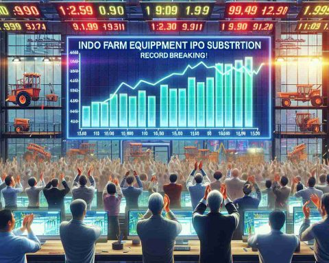 A detailed, high-definition image capturing the excitement and buzz around a hypothetical IPO event about farm equipment manufacturing. The scene displays a vibrant office atmosphere with enthusiastic employees of various descents, ages, and genders. Columns of digital stock charts are glowing on multiple computer screens, signifying the record-breaking subscription statistics. A prominent banner is hanging in the background with the text 'Indo Farm Equipment IPO Subscription: Record Breaking!'. People are clapping, cheering, and celebrating this milestone.