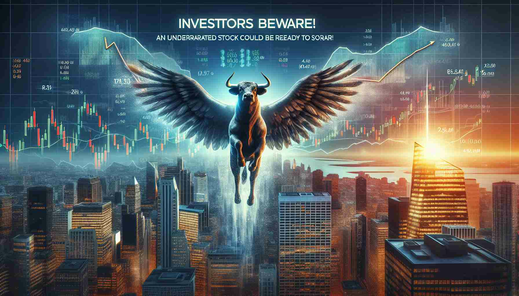An ultra-high definition image depicting the concept of an underrated stock that may potentially skyrocket. The scene features a bull which represents rising markets, soaring high into the sky with wings. There are also multiple stock charts showing an uphill trend, symbolizing a 'bull market'. The backdrop is a detailed city skyline in dusk, perhaps symbolizing the financial district. Text overlay at the top reads 'Investors Beware!' while at the bottom, the statement 'An Underrated Stock Could Be Ready to Soar' is prominently featured.