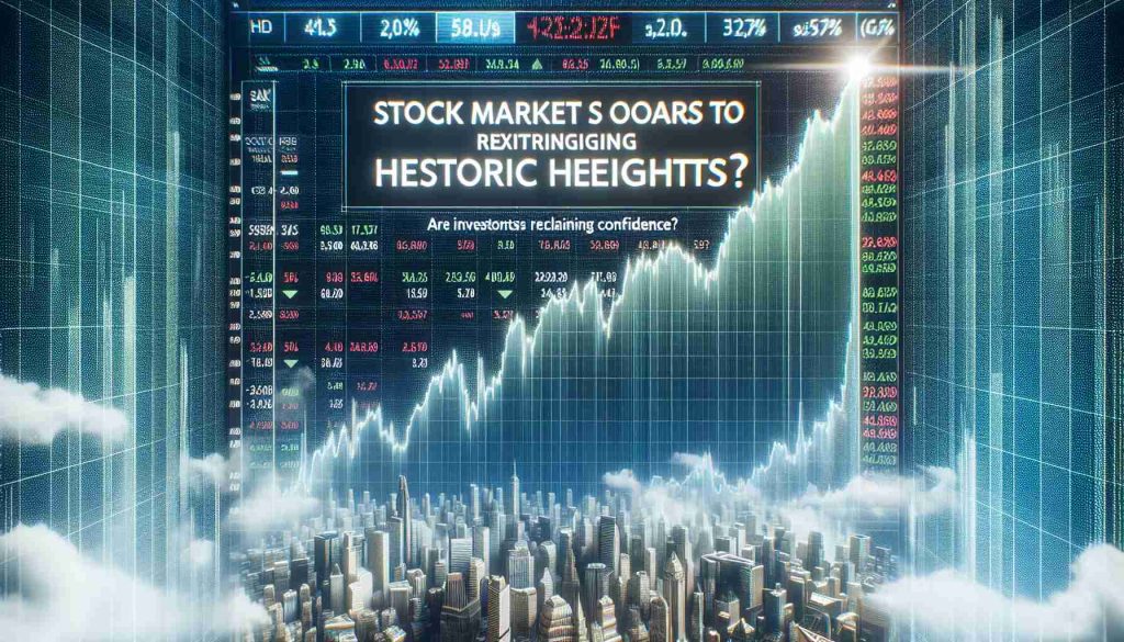 Generate a hyper-realistic, high-definition image of a stock market chart displaying a sharp rise to record-breaking levels. The title 'Stock Market Soars to Historic Heights!' is prominently displayed. A subtitle reads, 'Are Investors Reclaiming Confidence?', suggesting a newfound optimism in the financial world. The chart's upward trend and the positive headlines suggest a booming economy and a surge in investor confidence.