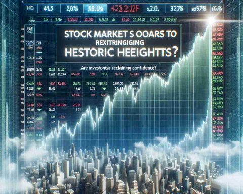 Generate a hyper-realistic, high-definition image of a stock market chart displaying a sharp rise to record-breaking levels. The title 'Stock Market Soars to Historic Heights!' is prominently displayed. A subtitle reads, 'Are Investors Reclaiming Confidence?', suggesting a newfound optimism in the financial world. The chart's upward trend and the positive headlines suggest a booming economy and a surge in investor confidence.