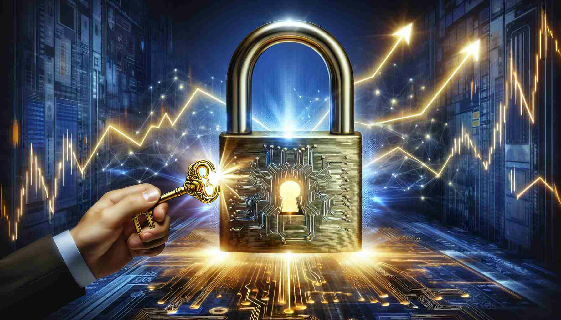 Generate a realistic and high-definition image that conceptualizes the opening of investment opportunities. Depict it with a massive padlock being unlocked by a shining golden key against a high tech backdrop representing the future of technological stocks. Alongside, show a skyrocketing line graph to symbolize growth and potential in tech stocks.