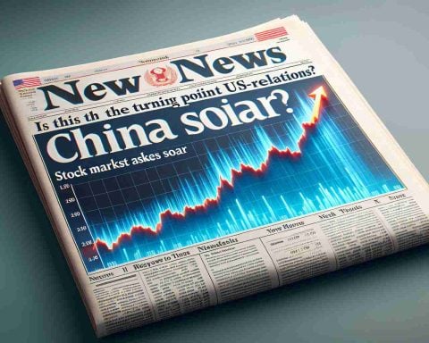 Realistic, high-definition illustration of a newspaper headline reading 'Is This the Turning Point for US-China Relations? Stock Markets Soar', accompanied by a rising graph demonstrating the surge in stock market performance.