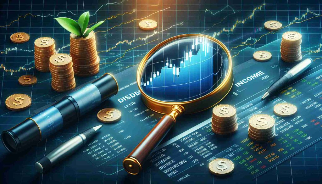 Generate a high-definition, realistic image that shows the concept of discovering the best dividend stocks for steady income. It could include elements such as a magnifying glass examining tickers of stocks that are well-known for their dividends, a graph showcasing stable growth of these stocks over time, and symbolizing steady income with a flow of gold coins.