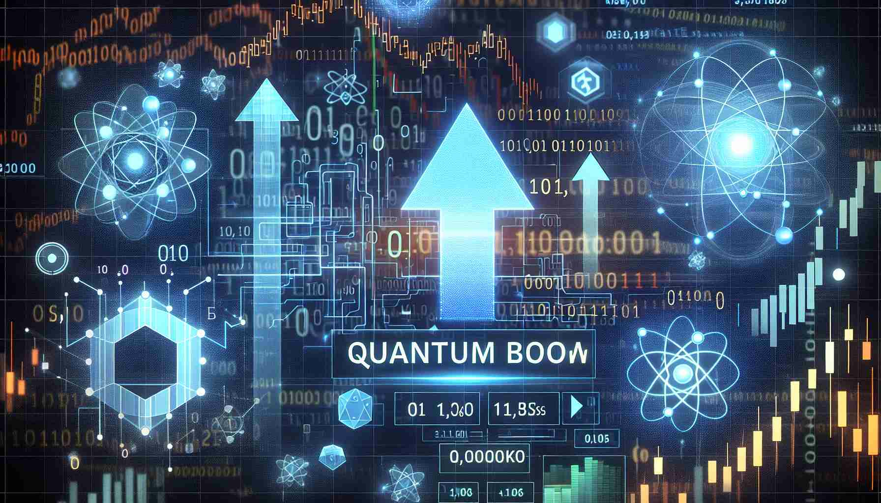 An illustration visualizing the concept of a 'Quantum Boom' in high definition. This conceptual image highlights the potential importance and impact of quantum technology on the technological frontier. Include palpable symbols of advanced technology such as quantum computers, atoms, and binary code. Additionally, depict upward arrow symbols, signifying a potential stock value increase, without specifying any particular stock symbol.