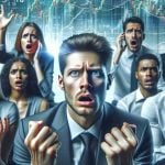 Realistic high definition image displaying a diverse group of investors showing intense reactions to recent market news. These investors are being affected by the market entry of a new hypothetical biotech company named 'Invizyne'. There's an underlying sense of uncertainty and anticipation surrounding the future of the biotech field. Use elements like stock market charts, worried facial expressions, and tense body language to communicate this.