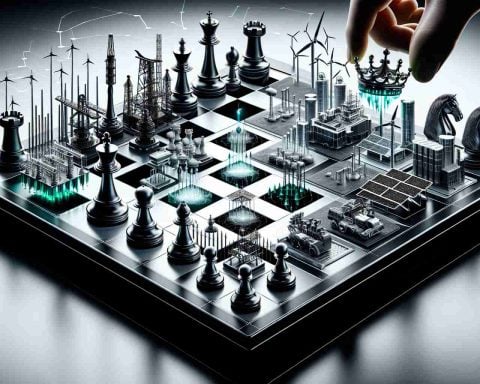 A detailed, high-definition, realistic depiction of a bold business maneuver symbolized through a chess board where powerful pieces like the king and queen are being moved, representing the major shift in the future landscape of an energy company. On the board, there should be symbolic representations of various aspects of a typical energy company -- oil rigs, wind turbines, solar panels, natural gas facilities -- all in a state of transition.