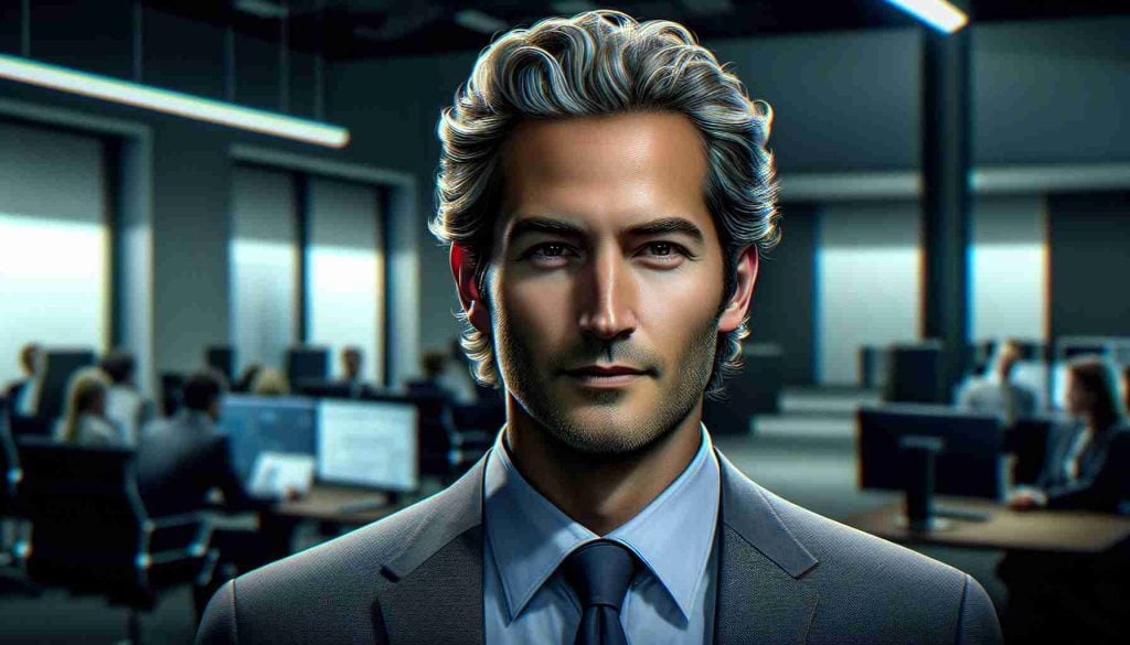 Create a realistic HD image of a tech company CEO, somewhere around middle age with slight salt-and-pepper hair, who is in the headlines due to a potential legal challenge. An air of mystery surrounds him as it is implied that he might be keeping a major secret. The backdrop should be a corporate setting.