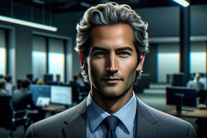 Create a realistic HD image of a tech company CEO, somewhere around middle age with slight salt-and-pepper hair, who is in the headlines due to a potential legal challenge. An air of mystery surrounds him as it is implied that he might be keeping a major secret. The backdrop should be a corporate setting.