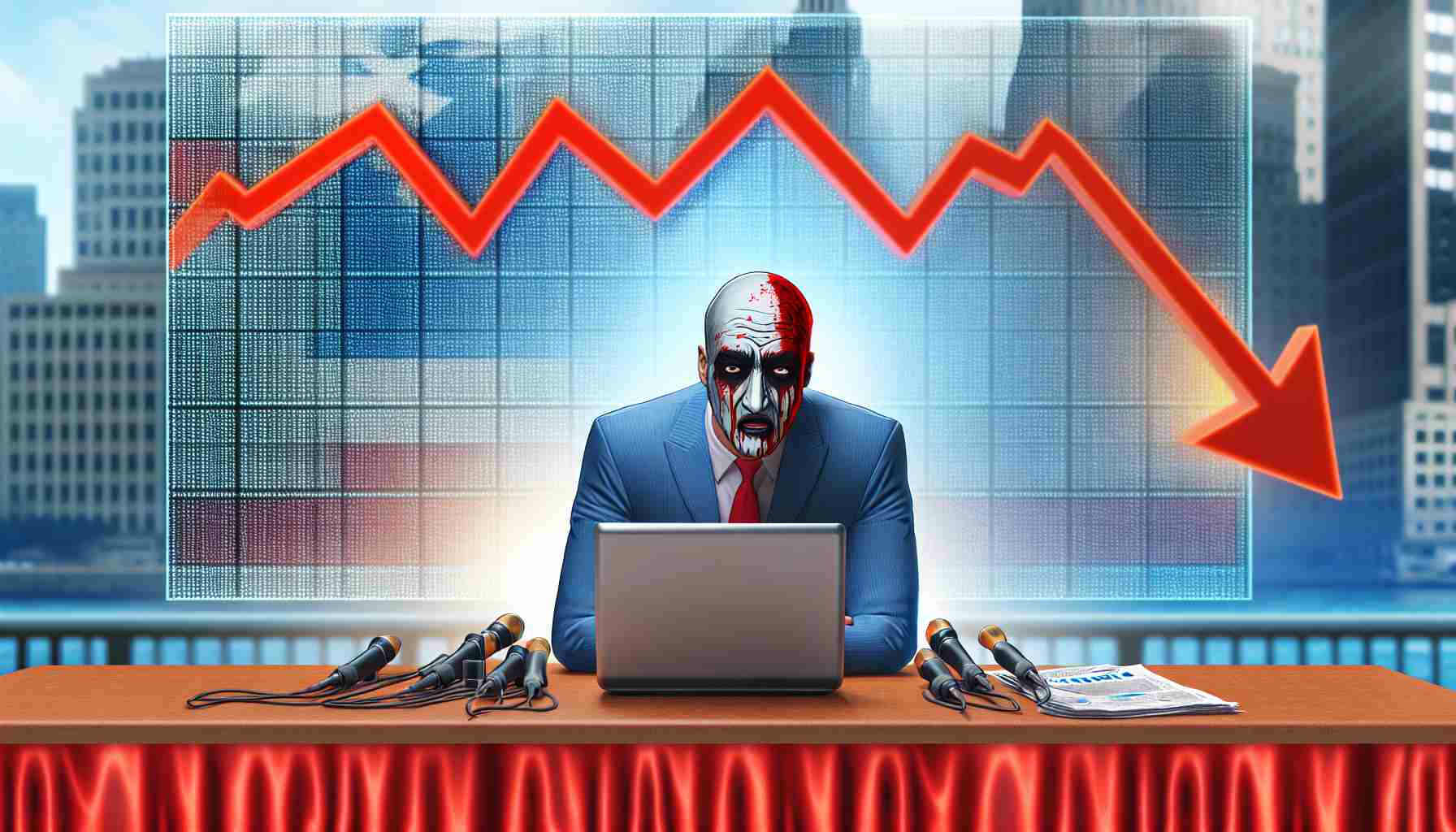 Realistic HD photo of a politician's media representation seeing a dramatic drop in stocks! What could be causing the decline?