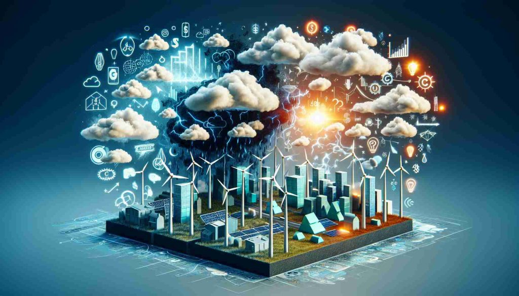 Realistic HD photo depicting the concept of 'Is the Future of Clean Energy Cloudy?' Show imagery that represents the potential challenges and changes in the clean energy market. Perhaps include symbols of clean energy like wind turbines or solar panels, and elements like clouds or storms to suggest uncertainty. Include financial or market indicators to hint at the forces reshaping the clean energy industry.