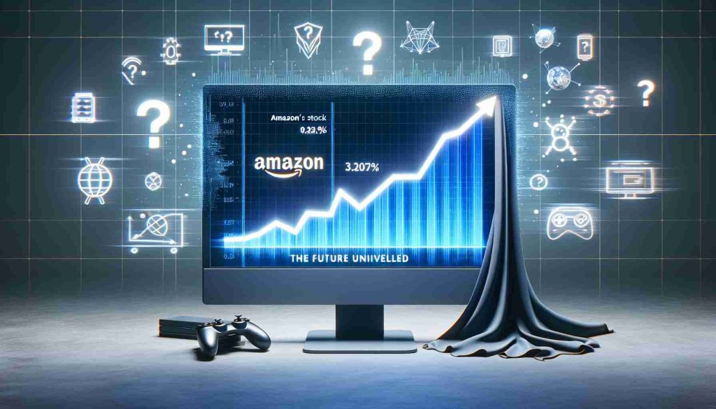 An image of a high-definition, realistic rendition of the concept - 'Amazon's Stock: Ready for a Gaming Revolution? The Future Unveiled'. Picture this as a stylized infographic, perhaps a computer screen showing an upward trending line graph indicating Amazon's stock performance with symbols representing gaming revolution, such as game console or VR headset in the background. A question mark symbolizes the uncertain future, while a draped cloth being pulled back hints at the 'future unveiled'. Please exclude any logo, specific people, or copyrighted symbols.