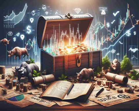 Create a high-definition, realistic picture representing the concept of 'Uncover Hidden Stock Treasures! Your Guide to Potential Growth.' This image should perhaps contain visual metaphors such as a treasure chest overflowing with symbols of stocks such as graphs, charts, and bull/bear icons, accompanied by a guidebook or map showcasing paths to growth. The overall ambience of the scene should embody a sense of discovery and potential riches.