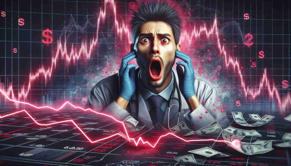 A realistic high-definition depiction of a shocked reaction to a sudden stock market crash on the ASX (Australian Securities Exchange). This unruly event is represented through a digital landscape of plunging graphs, numbers in red, and specifically, the drastic downturn of a healthcare stock.