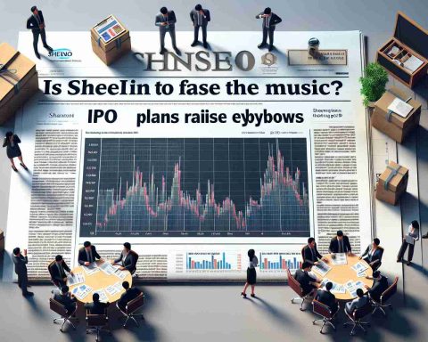 Generate a realistic HD image of a headline reading 'Is Shein Ready to Face the Music? IPO Plans Raise Eyebrows'. It should look like it's taken from a financial newspaper's front page, with images accompanying it depicting stock market charts, a business building, and a group of various corporate workers discussing business plans. Render the entire scene with extreme detail and clarity.