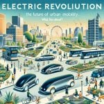 An illustration showcasing the future of urban transport. Display a cityscape representing this revolution, featuring autonomous electric vehicles filling the streets. Include an exciting mix of cutting-edge designs for cars, buses, and bikes – all sleek, quiet, and emission-free. Streets are designed with pedestrians and cyclists in mind, with greenery and renewable energy sources, such as solar panels and wind turbines, scattered throughout. People of varying descent and gender can be seen enjoying this futuristic urban mobility scene. A banner at the top reads 'Electric Revolution: The Future of Urban Mobility. What Lies Ahead?'