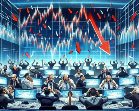 An HD illustration of a stock market environment symbolizing chaos and decrease. The scene could show a vast screen displaying falling graphs and red arrows, representing a sharp decline in stock futures. Traders of mixed genders and varying descents, including Hispanic, South Asian, and White, are visible in the foreground, their facial expressions reflecting confusion and concern. They're frantically looking at their computers and shouting over the phone, indicating a state of alertness and high tension.