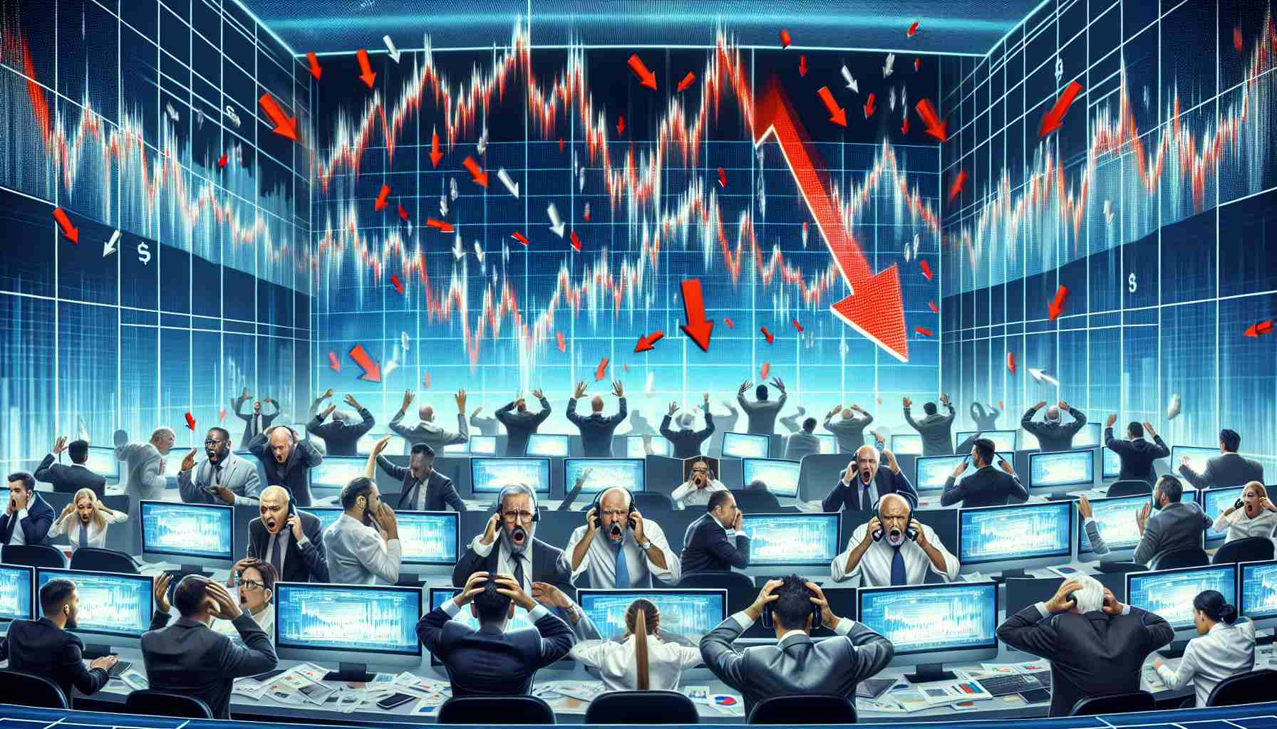 An HD illustration of a stock market environment symbolizing chaos and decrease. The scene could show a vast screen displaying falling graphs and red arrows, representing a sharp decline in stock futures. Traders of mixed genders and varying descents, including Hispanic, South Asian, and White, are visible in the foreground, their facial expressions reflecting confusion and concern. They're frantically looking at their computers and shouting over the phone, indicating a state of alertness and high tension.