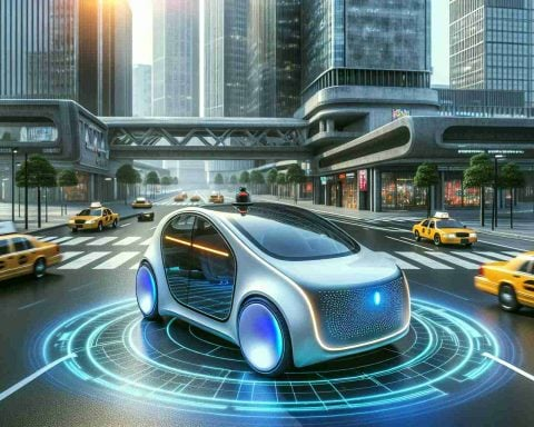 Generate a high-definition, realistic image of a conceptual futuristic autonomous car, potentially resembling a design from a popular electric vehicle manufacturer, navigating through an urban environment. The scene should depict the transformative potential of self-driving taxis, with the vehicle smoothly travelling amidst traditional taxis and various modern infrastructure.
