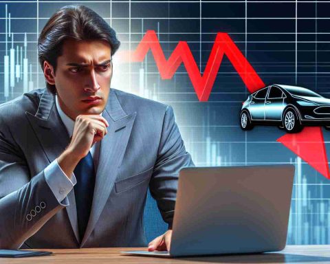 Visual depiction of a top investor cautioning about a potential decline in the stock of a well-known electric car company due to over-hype. Capture a sense of caution and concern. Illustrate the investor as a generic Caucasian male wearing a formal suit, with a serious expression and looking at a downward stock chart on a laptop. The company's symbol, a stylized, non-specific electric car, and a Stock Market graph showing a downward trend should be prominent.