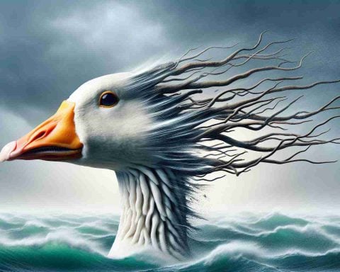 Generate a realistic, high-definition image of a goose head enduring turbulent winds. This image metaphorically represents a franchise going through a challenging stage in the market, depicting the struggle and resilience it needs to stay afloat.