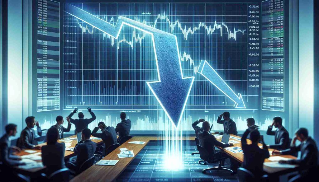 A high definition illustration of a falling arrow, pointing downwards to represent a significant drop or loss. This falling arrow is situated on a financial graph, indicating diminishing returns or a huge drop in investment value. The scene is set in a high-stress environment, perhaps a financial trading floor or an investor's office, filled with businesspeople reacting with surprise and panic. The company in question remains unnamed, with the information displayed on screens and paper reports only hinting at the stock market dynamics and financial turmoil.