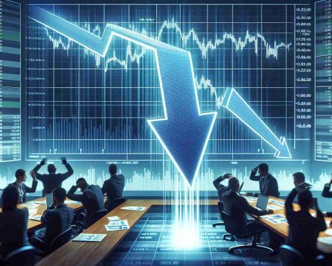 A high definition illustration of a falling arrow, pointing downwards to represent a significant drop or loss. This falling arrow is situated on a financial graph, indicating diminishing returns or a huge drop in investment value. The scene is set in a high-stress environment, perhaps a financial trading floor or an investor's office, filled with businesspeople reacting with surprise and panic. The company in question remains unnamed, with the information displayed on screens and paper reports only hinting at the stock market dynamics and financial turmoil.